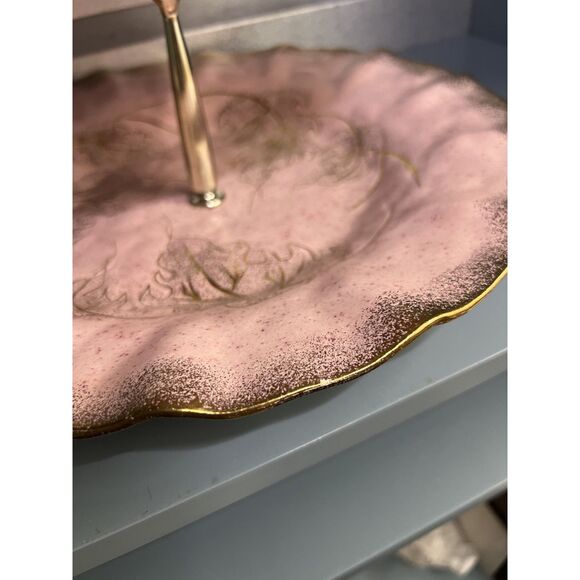 VTG California Pottery #719 Pink Leaf Dish Gold Trim + MCM Pink Gold 2 Tier Tray - Picture 4 of 16